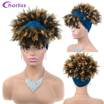 Wholesale Hot Selling Deep Volume Cheap Turban Wrap Wig Short Afro Kinky Curly Synthetic Headband Wig For Black Women